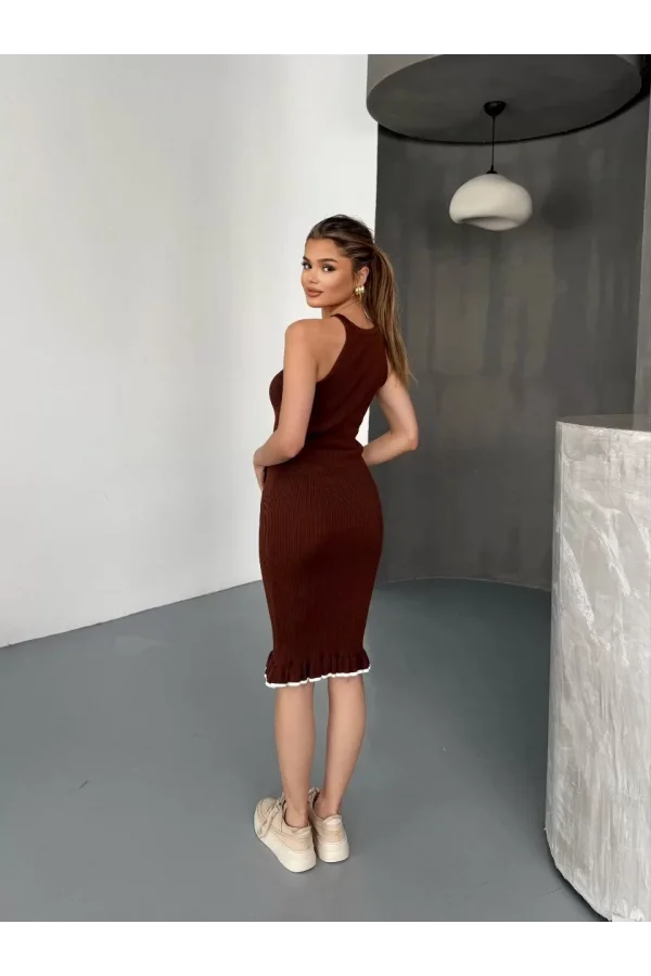 Fırfır Detaylı Triko Elbise- Kahverengi