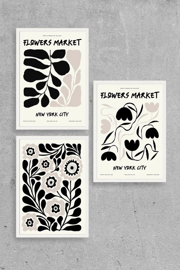 Flower Market Üçlü Ahşap Çerçeveli Tablo