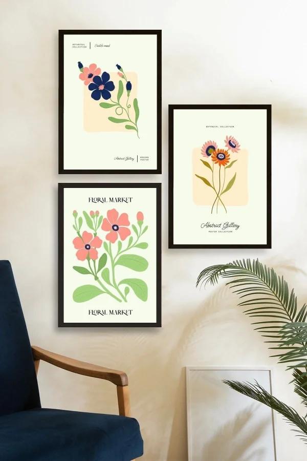 Flower Market Üçlü Ahşap Çerçeveli Tablo