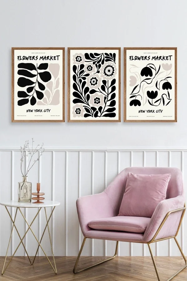 Flower Market Üçlü Ahşap Çerçeveli Tablo