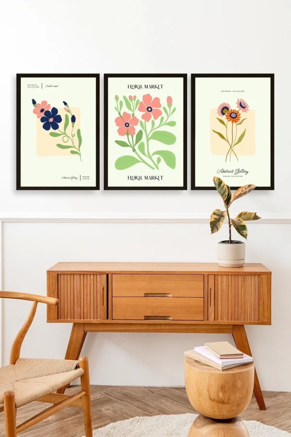 Flower Market Üçlü Ahşap Çerçeveli Tablo
