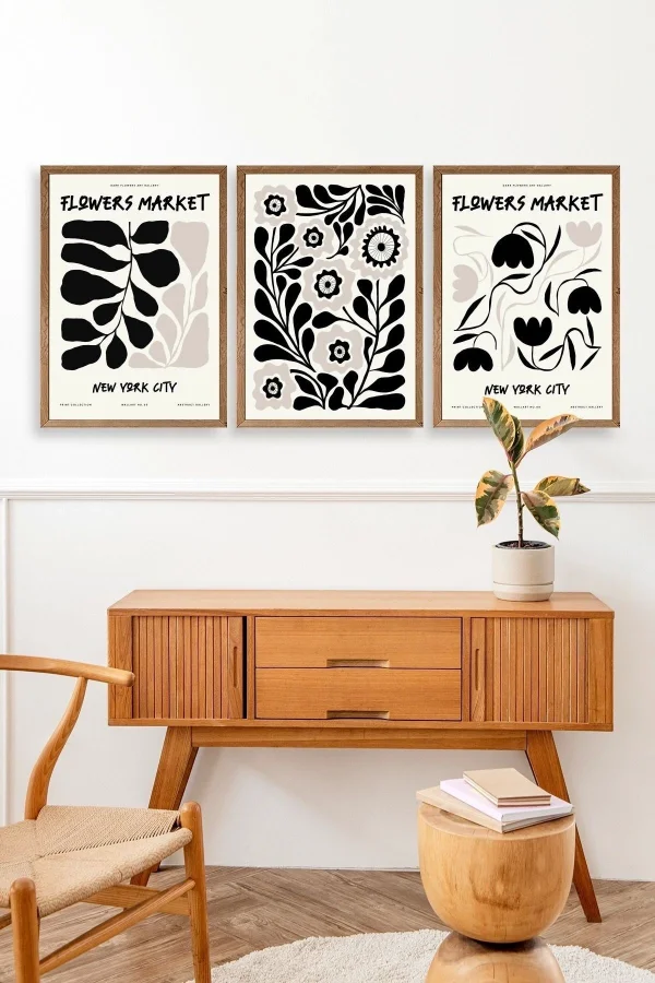 Flower Market Üçlü Ahşap Çerçeveli Tablo