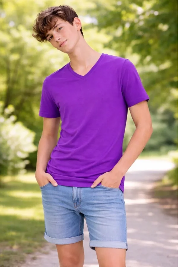 Genç Erkek Çocuk V Yaka Tişört Yazlık Model Günlük Basic Body - Mor
