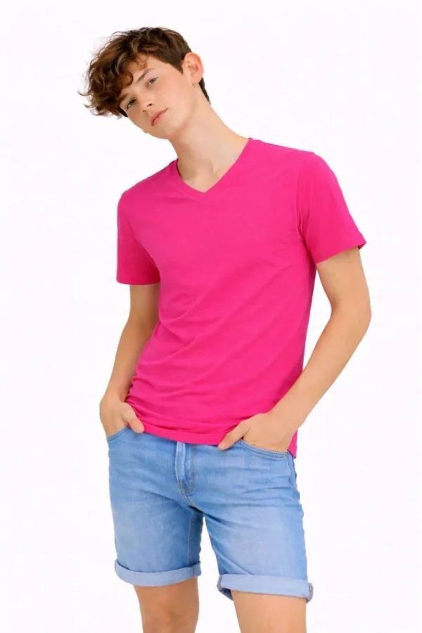 Genç Erkek Çocuk V Yaka Tişört Yazlık Model Günlük Basic Body - Pembe