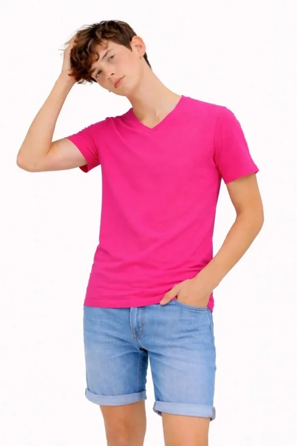 Genç Erkek Çocuk V Yaka Tişört Yazlık Model Günlük Basic Body - Pembe