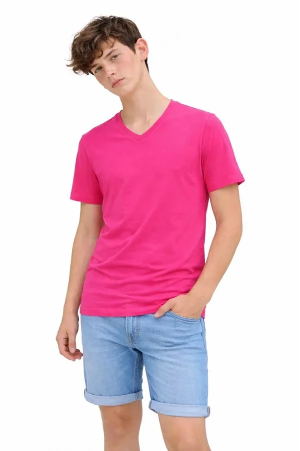 Genç Erkek Çocuk V Yaka Tişört Yazlık Model Günlük Basic Body - Pembe