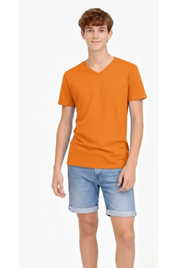 Genç Erkek Çocuk V Yaka Tişört Yazlık Model Günlük Basic Body - Turuncu