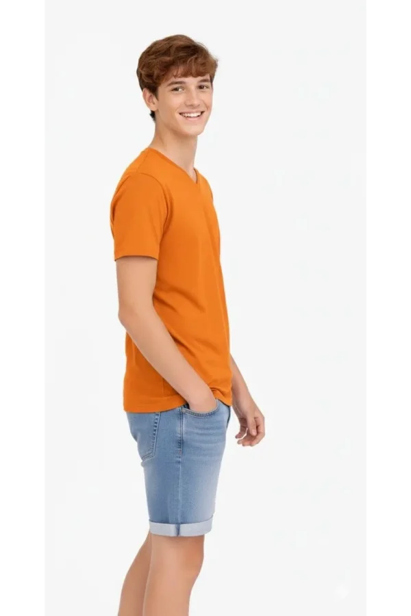 Genç Erkek Çocuk V Yaka Tişört Yazlık Model Günlük Basic Body - Turuncu