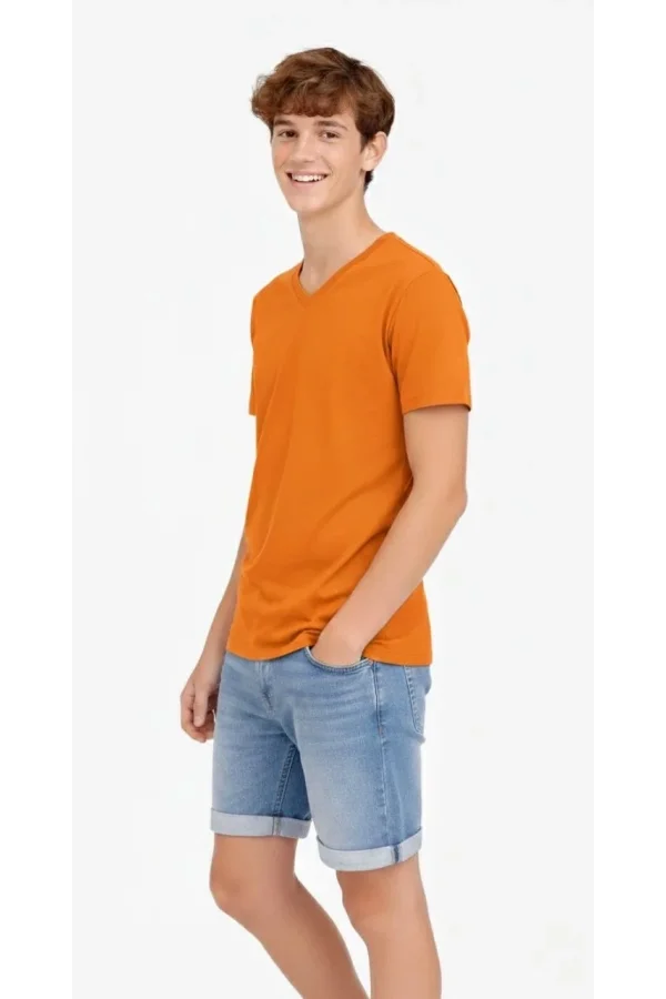 Genç Erkek Çocuk V Yaka Tişört Yazlık Model Günlük Basic Body - Turuncu