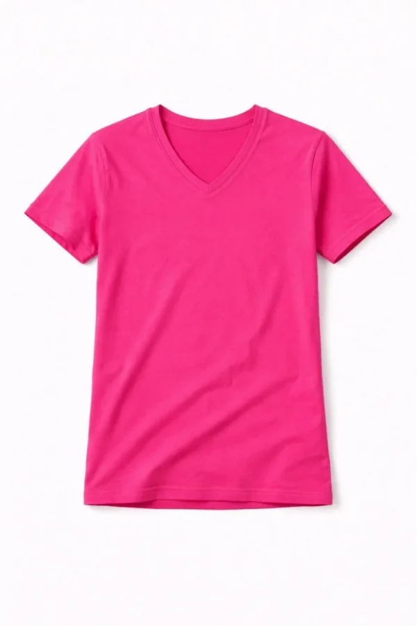 Genç Kız Çocuk V Yaka Tişört Yazlık Model Günlük Basic Body - Pembe