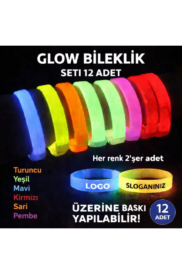 Glow Kalın Bileklik 12’li Set | Baskıya Uygun Renkli Model