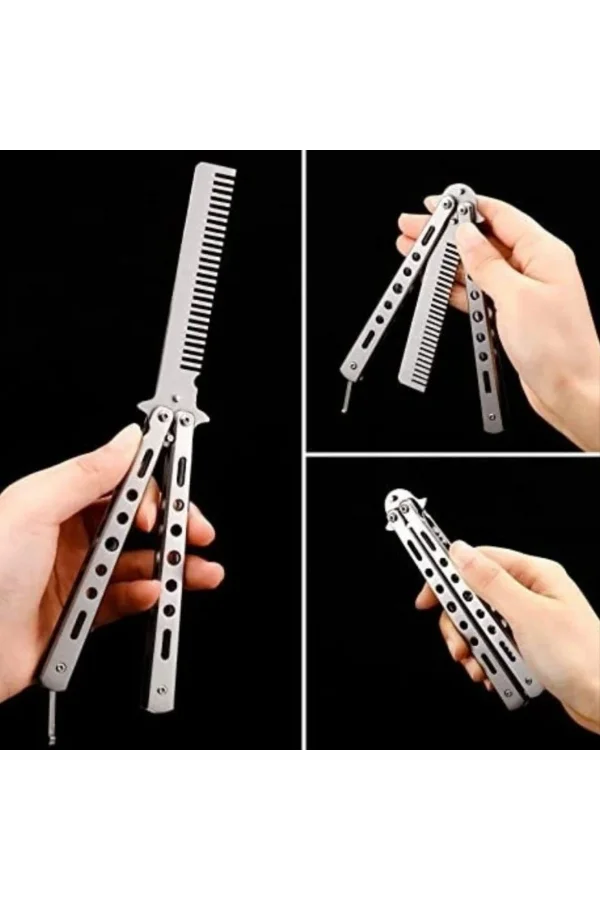 Gri Katlanabilir Paslanmaz Çelik Kelebek Bıçak Tasarımlı Tarak