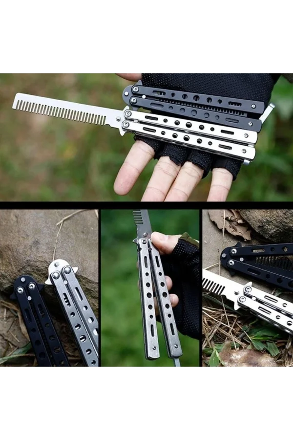 Gri Katlanabilir Paslanmaz Çelik Kelebek Bıçak Tasarımlı Tarak