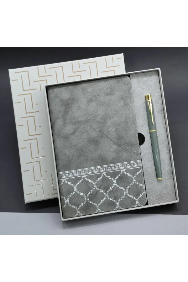 Gri Renk Defter Ve Metal Roller Kalem Seti