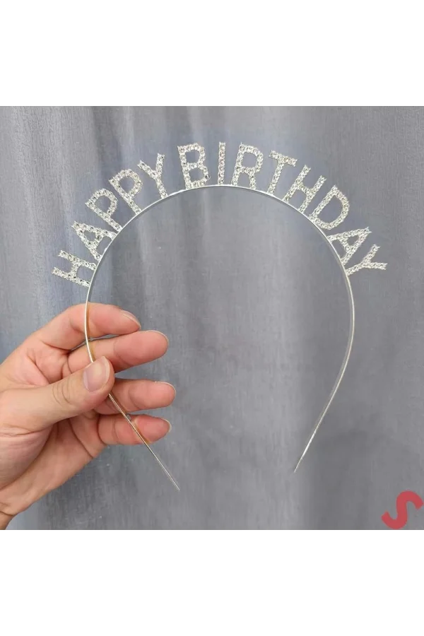 Gümüş Kristal Taşlı Happy Birthday Tacı
