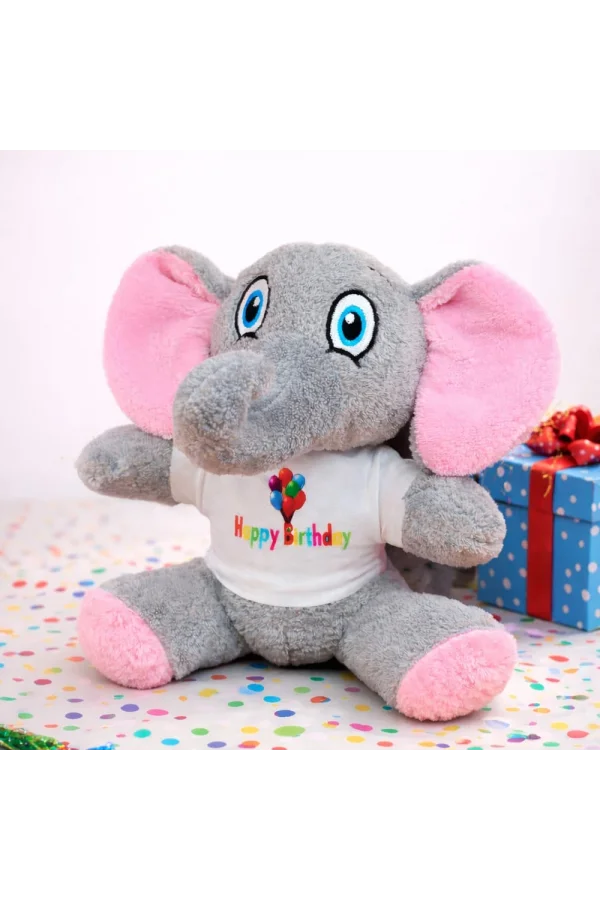 Happy Birthday Tişörtlü Sevimli Peluş Fil