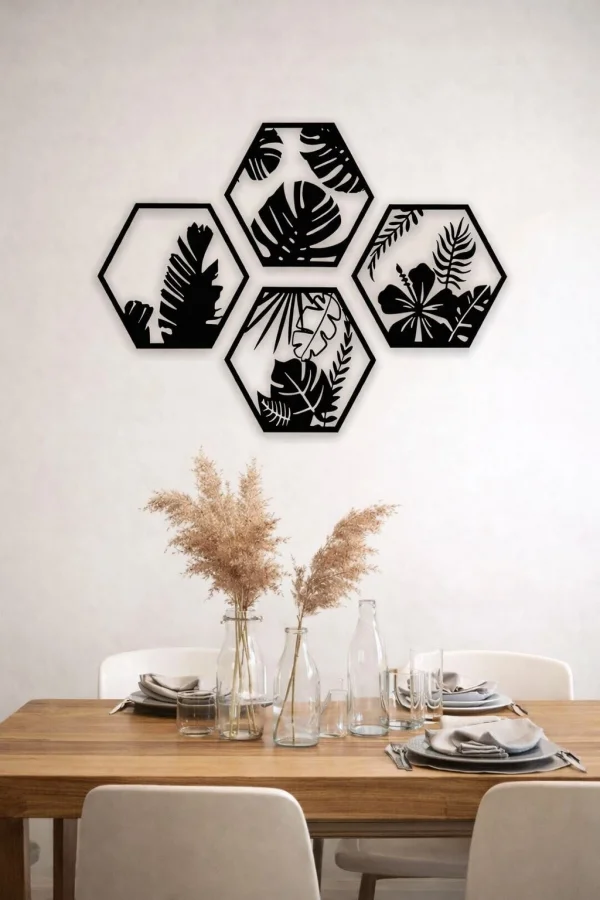 HexaLeaf – Tropikal Yaprak Desenli Altıgen Ahşap Duvar Dekoru