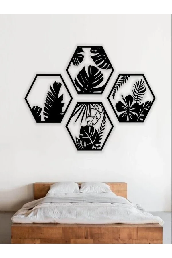 HexaLeaf – Tropikal Yaprak Desenli Altıgen Ahşap Duvar Dekoru