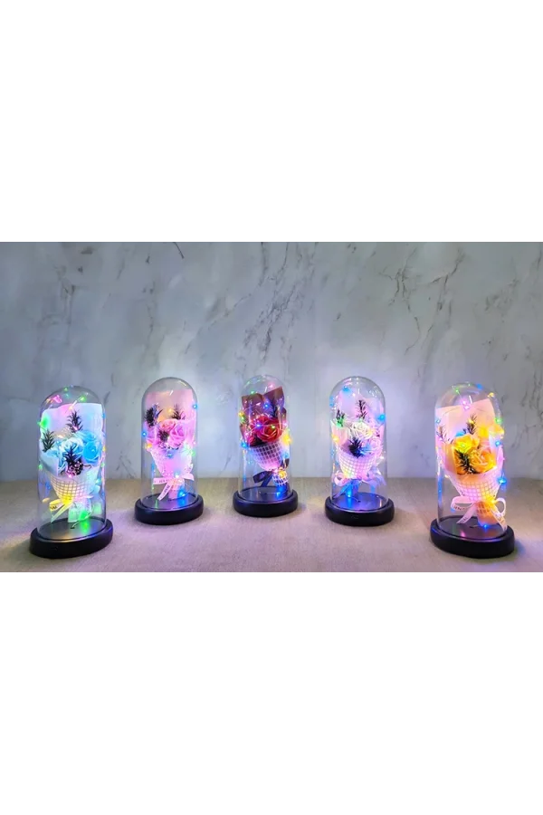 Işıklı Müzikli Fanus içinde Gül Buketi