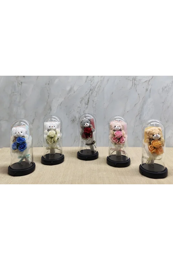 Işıklı Müzikli Fanus içinde Sevimli Ayıcıklı Gül Buketi