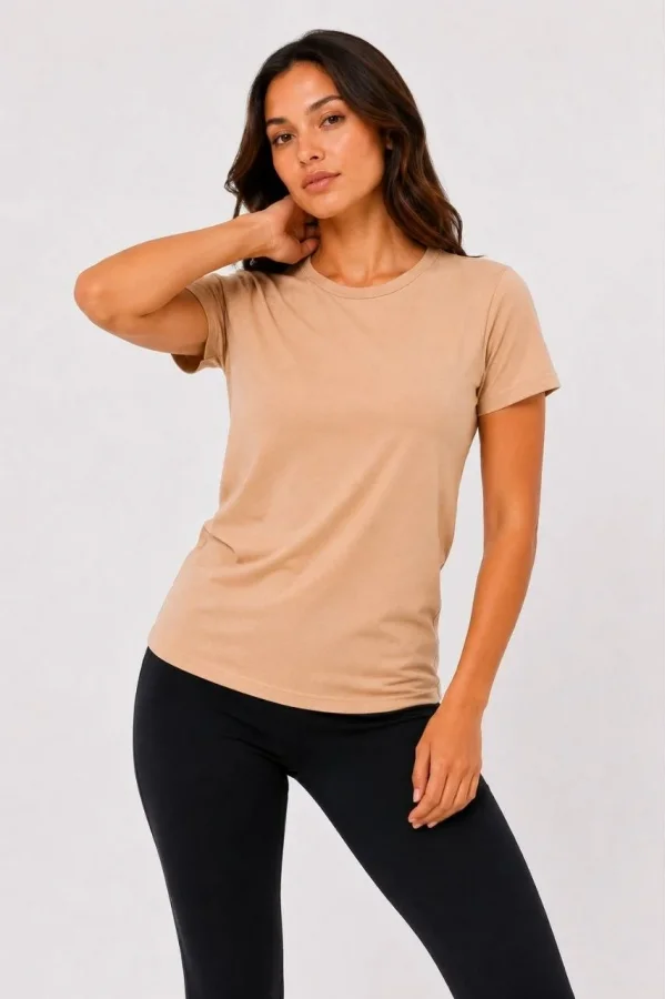 Kadın Basic Tişört Bisiklet Yaka Kısa Kol Günlük Yazlık Slim fit T-Shirt - Bej