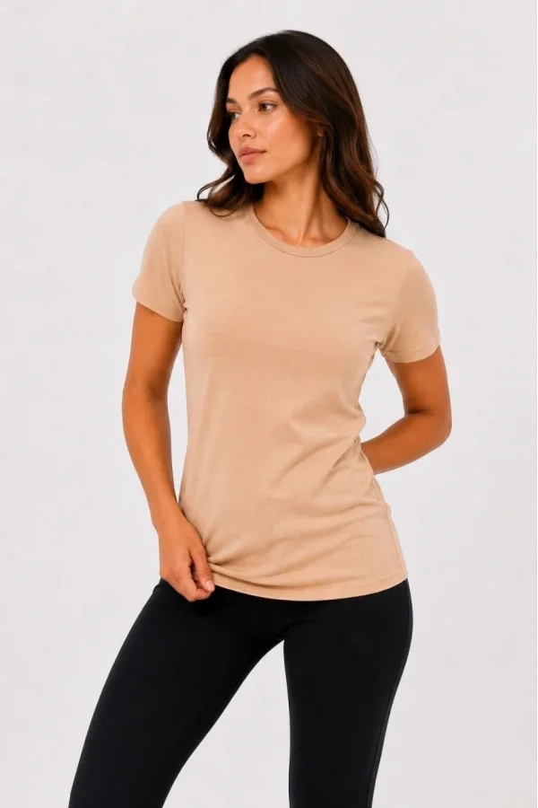 Kadın Basic Tişört Bisiklet Yaka Kısa Kol Günlük Yazlık Slim fit T-Shirt - Bej