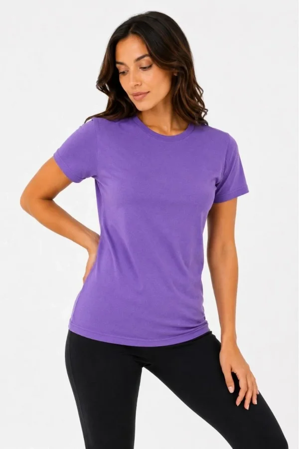Kadın Basic Tişört Bisiklet Yaka Kısa Kol Günlük Yazlık Slim fit T-Shirt - Mor