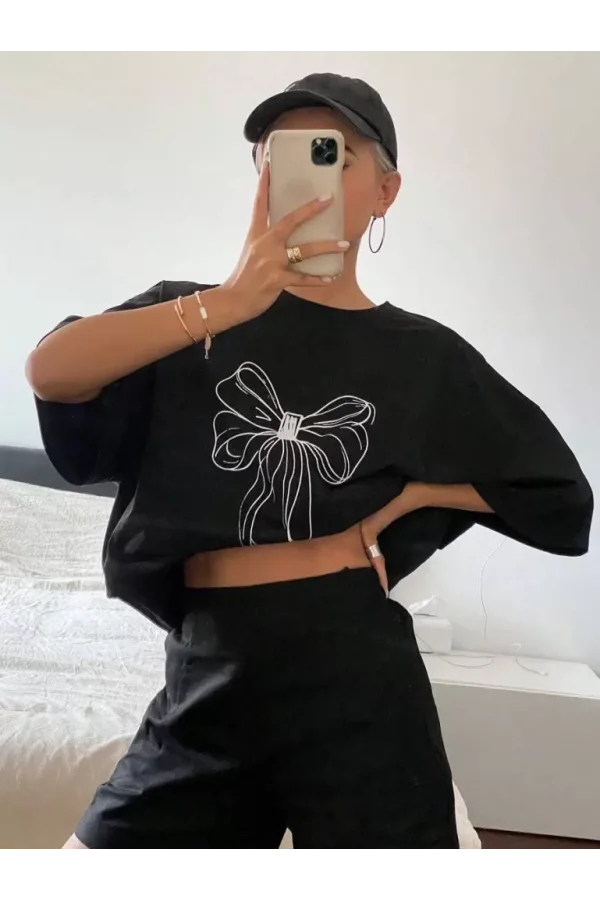 Kadın Baskılı Oversize T-shirt - Siyah