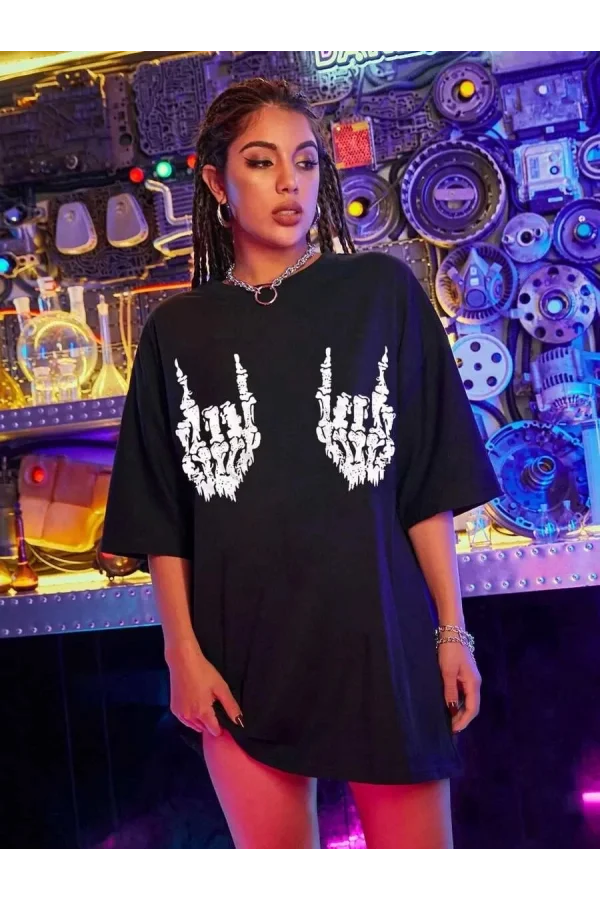 Kadın Baskılı Oversize T-shirt - Siyah