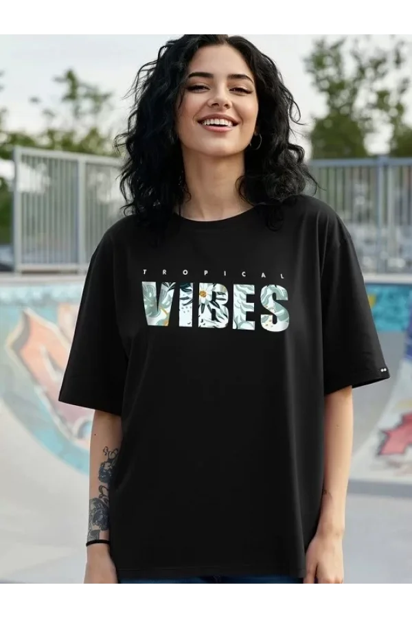 Kadın Baskılı Oversize T-shirt - Siyah