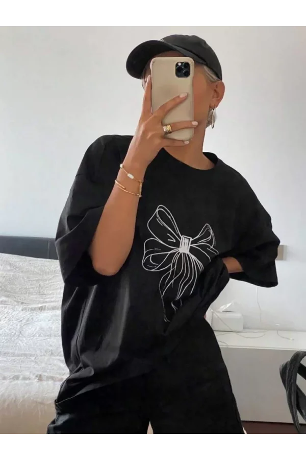 Kadın Baskılı Oversize T-shirt - Siyah