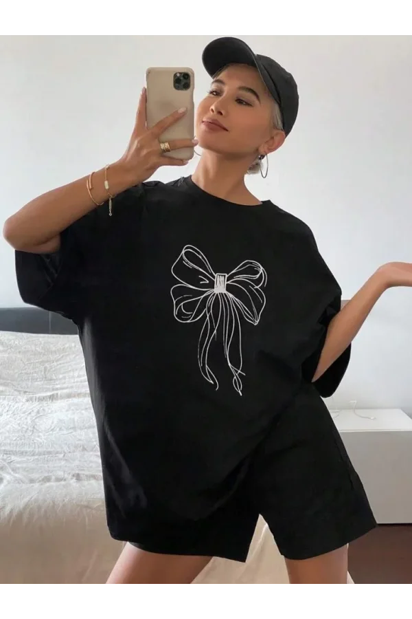 Kadın Baskılı Oversize T-shirt - Siyah