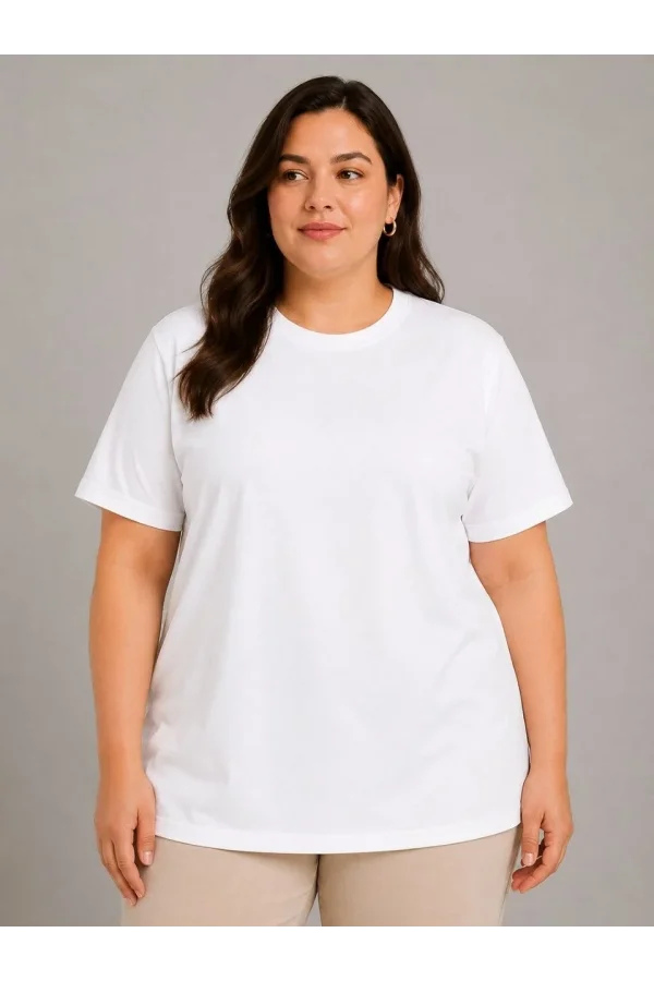 Kadın Battal Big Size Basic Tişört Bisiklet Yaka Rahat Kalıp T-Shirt - Beyaz