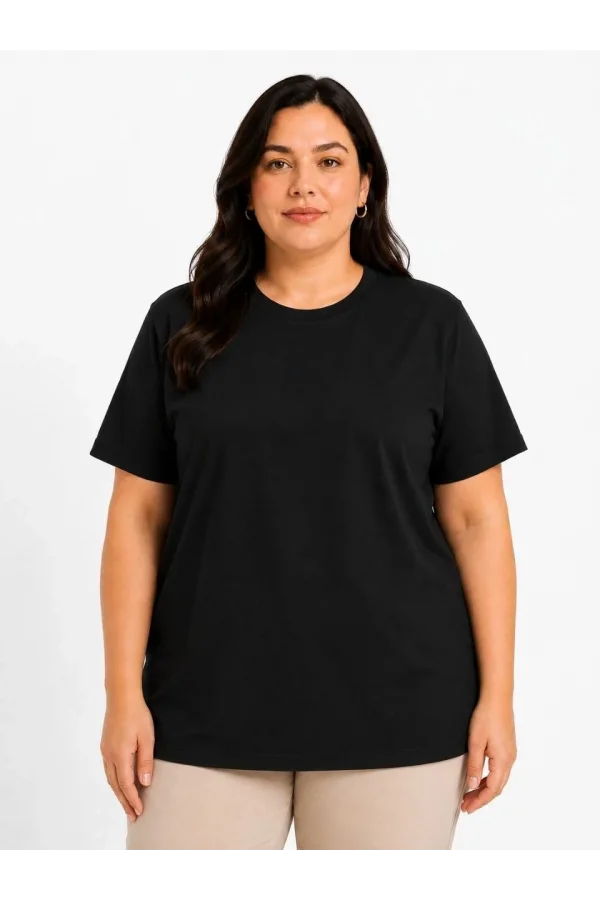 Kadın Battal Big Size Basic Tişört Bisiklet Yaka Rahat Kalıp T-Shirt - Siyah