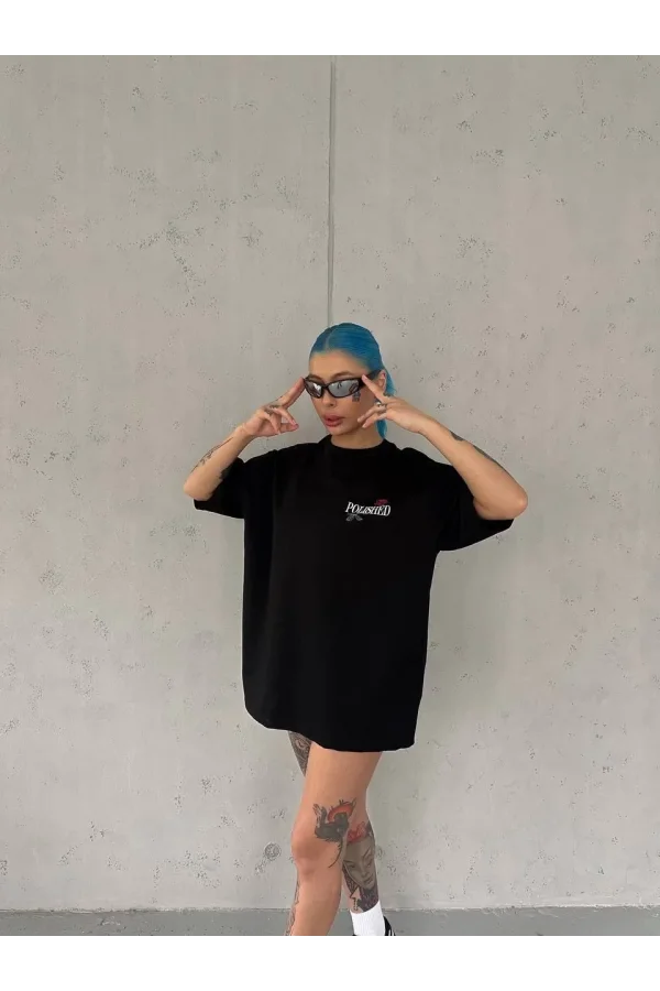 Kadın Bisiklet Yaka Baskılı kısa kol Oversize T-Shirt - Siyah