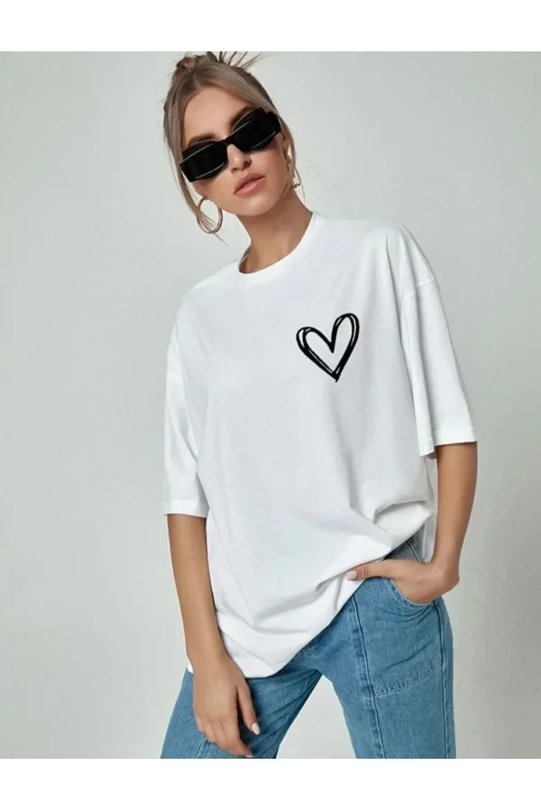 Kadın Bisiklet Yaka Baskılı Oversize T-Shirt - Beyaz