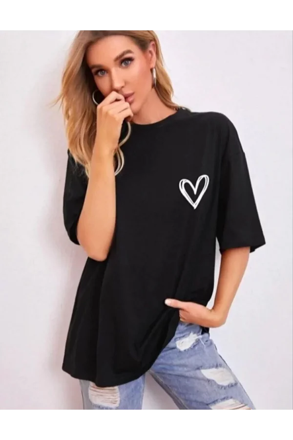 Kadın Bisiklet Yaka Baskılı Oversize T-Shirt - Siyah