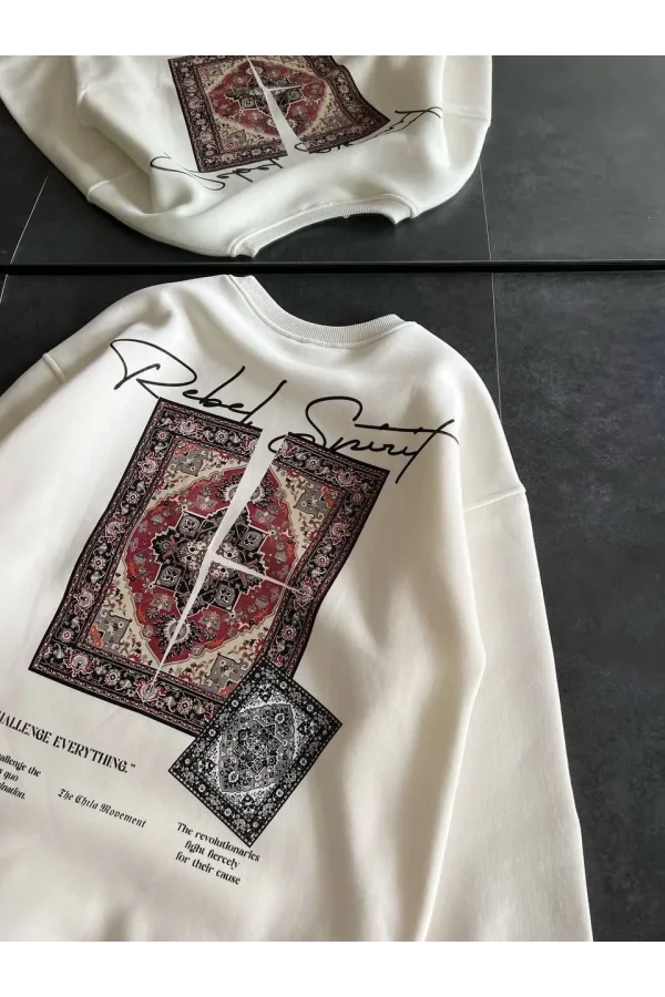 Kadın Bisiklet Yaka Baskılı SweatShirt - Beyaz