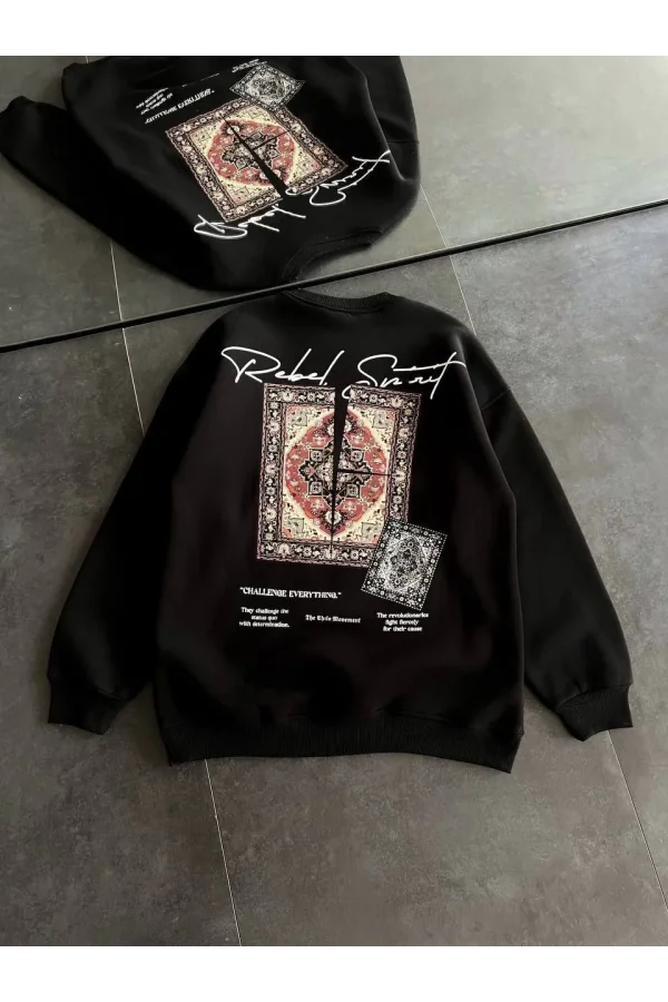Kadın Bisiklet Yaka Baskılı SweatShirt - Siyah