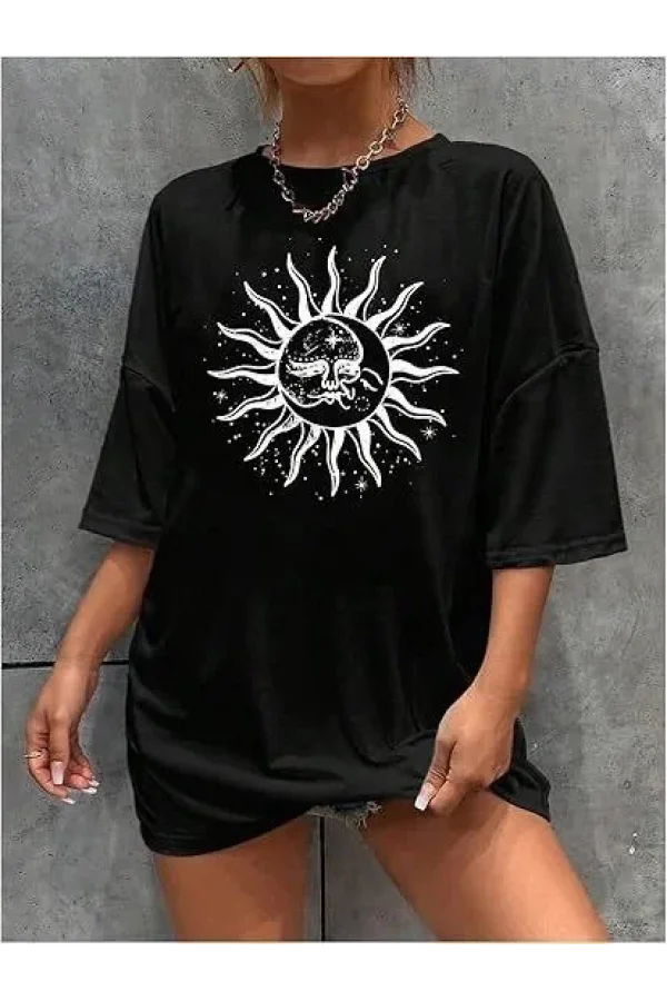 Kadın Bisiklet Yaka Baskılı T-shirt - Siyah