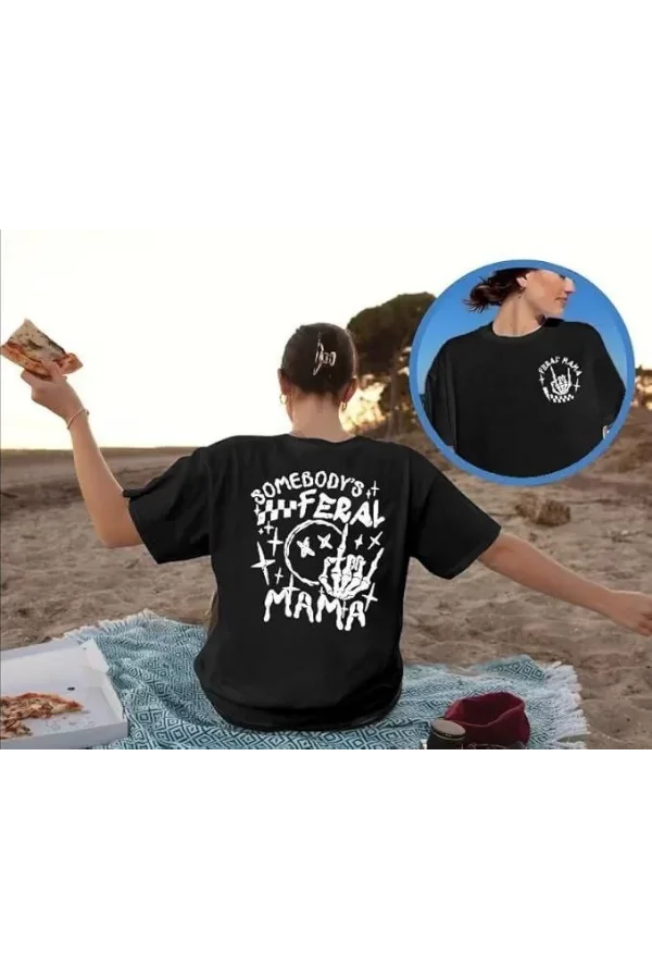 Kadın Bisiklet Yaka Baskılı T-shirt - Siyah