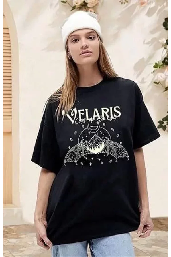 Kadın Bisiklet Yaka Baskılı T-shirt - Siyah