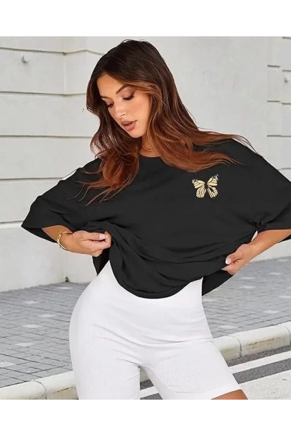 Kadın Bisiklet Yaka Baskılı T-shirt - Siyah