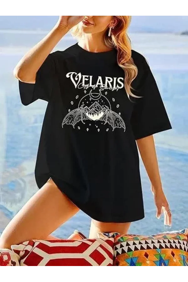 Kadın Bisiklet Yaka Baskılı T-shirt - Siyah