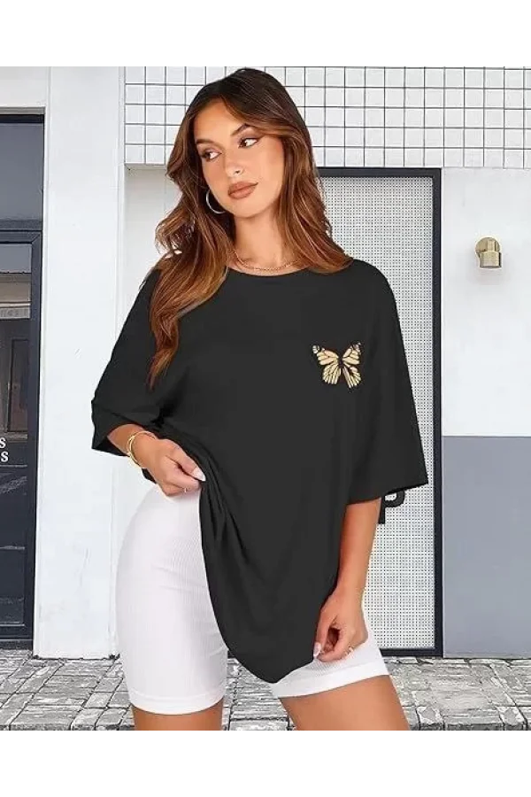 Kadın Bisiklet Yaka Baskılı T-shirt - Siyah