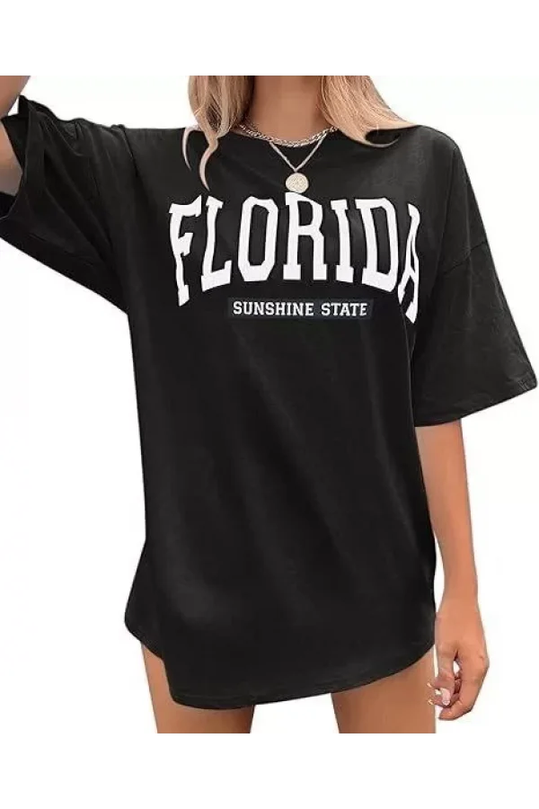 Kadın Bisiklet Yaka Baskılı T-shirt - Siyah