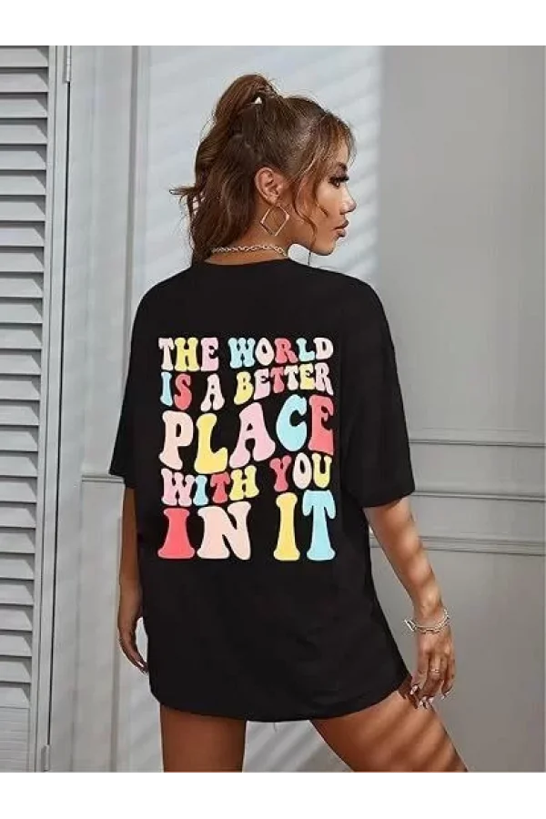 Kadın Bisiklet Yaka Baskılı T-shirt - Siyah