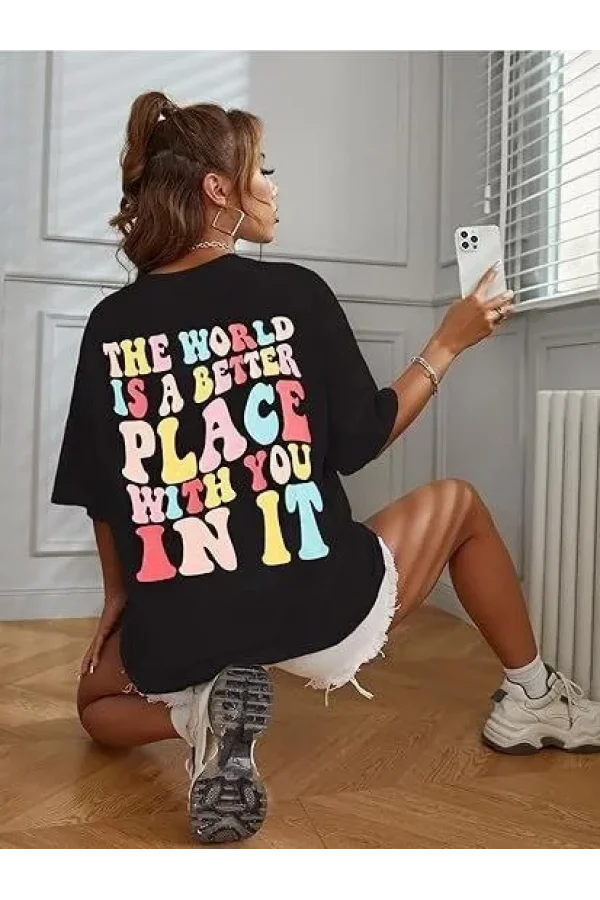Kadın Bisiklet Yaka Baskılı T-shirt - Siyah