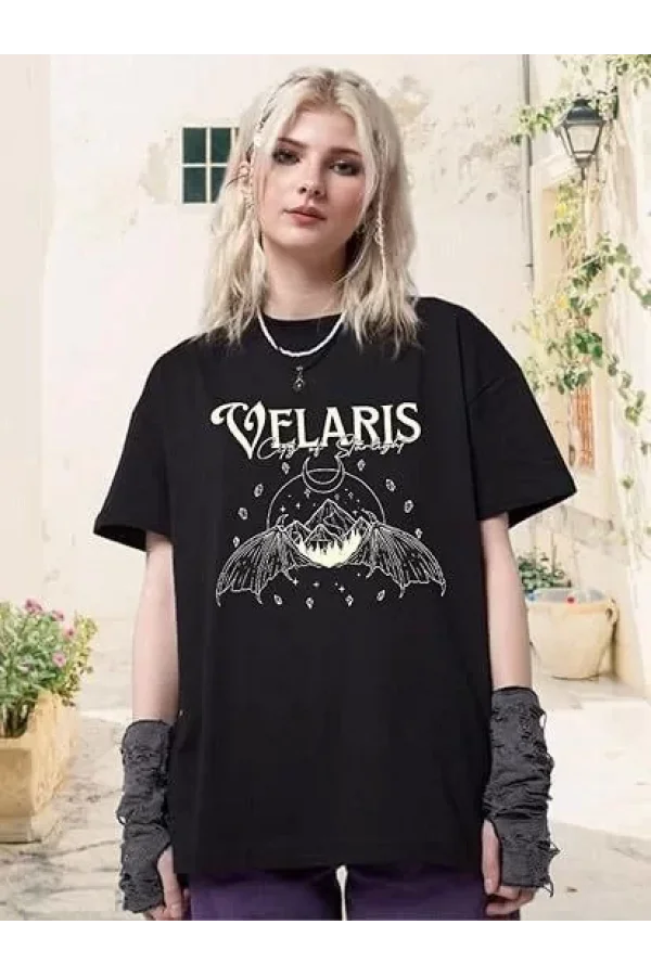 Kadın Bisiklet Yaka Baskılı T-shirt - Siyah