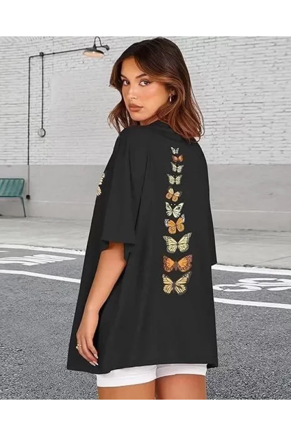 Kadın Bisiklet Yaka Baskılı T-shirt - Siyah